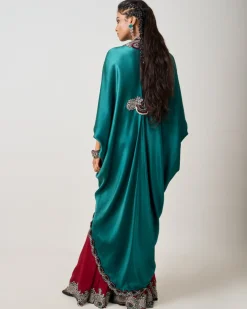 Teal Hand Embroidered Long Kite With Burgundy Gharara Set