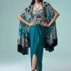 Teal Hand Embroidered Midi Cape & Pick Up Skirt Set