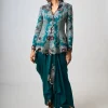 Teal Hand Embroidered Peplum With Cowl Skirt Set