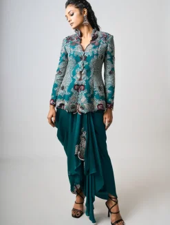 Teal Hand Embroidered Peplum With Cowl Skirt Set
