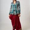 Teal Hand Embroidered Peplum Burgundy Cowl Skirt Set