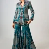 Teal Hand Embroidered Peplum And Gharara Set