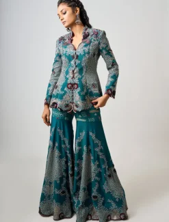 Teal Hand Embroidered Peplum And Gharara Set
