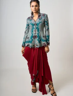 Teal Hand Embroidered Peplum Burgundy Cowl Skirt Set