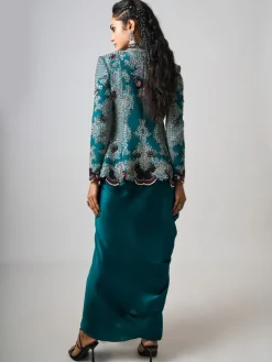 Teal Hand Embroidered Peplum With Cowl Skirt Set