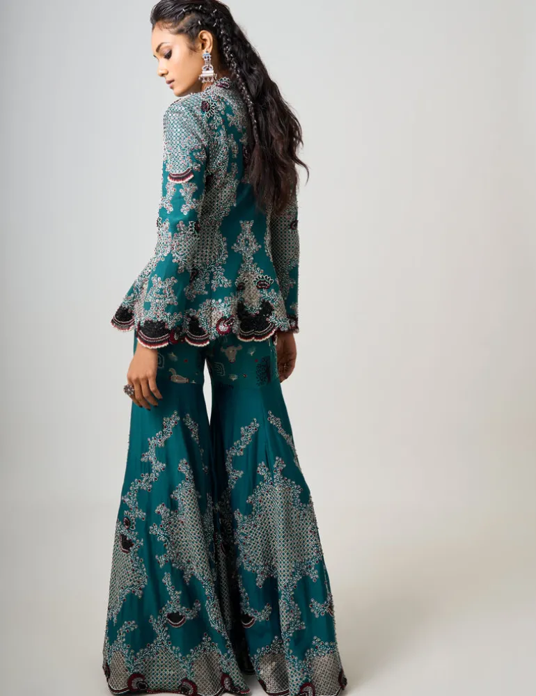 Teal Hand Embroidered Peplum And Gharara Set