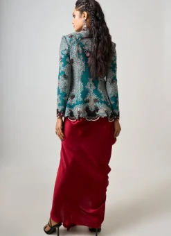 Teal Hand Embroidered Peplum Burgundy Cowl Skirt Set