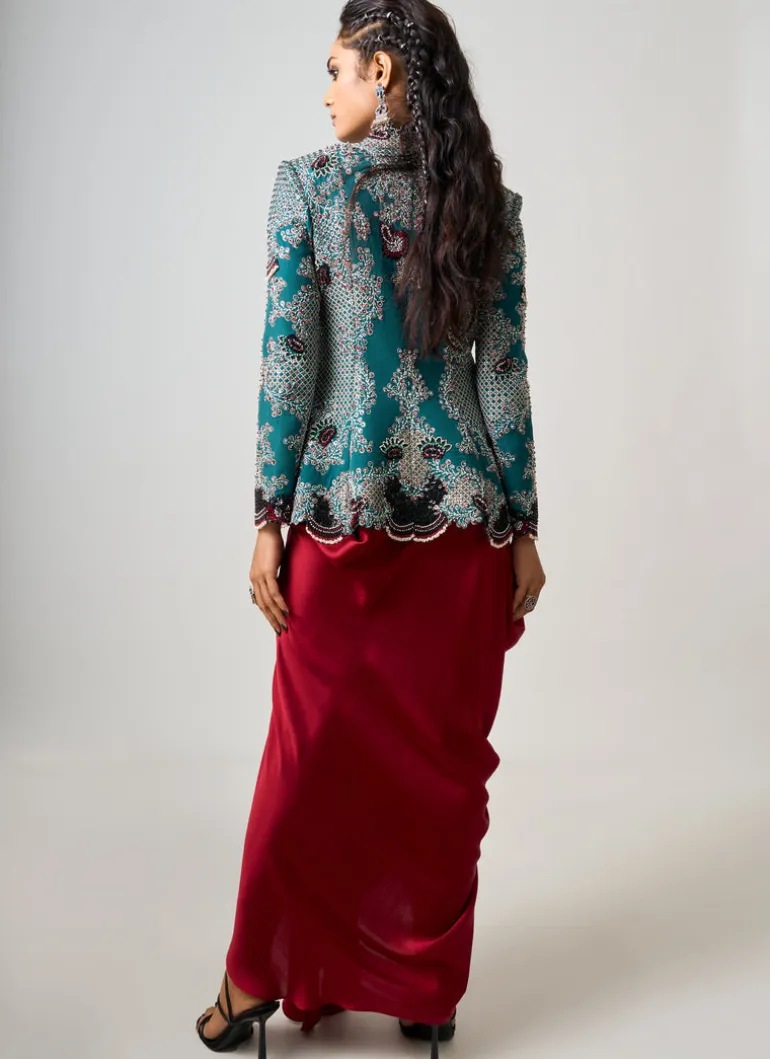 Teal Hand Embroidered Peplum Burgundy Cowl Skirt Set