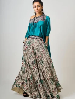 Teal Hand-Embroidered Off-Shoulder Singlet With Off-White Circular Pants Set