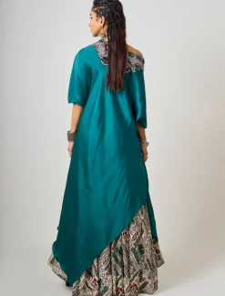 Teal Hand-Embroidered Off-Shoulder Singlet With Off-White Circular Pants Set
