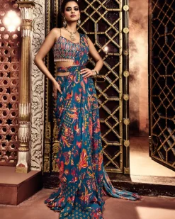 Teal Highlighted Blouse And Sari Set