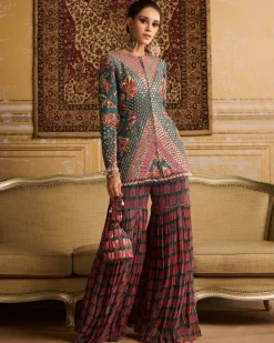 Teal Highlighted Jacket And Gharara Pants