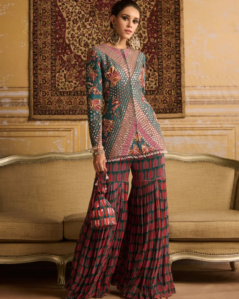 Teal Highlighted Jacket And Gharara Pants