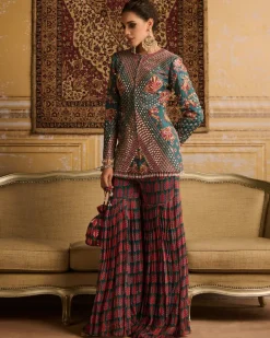 Teal Highlighted Jacket And Gharara Pants