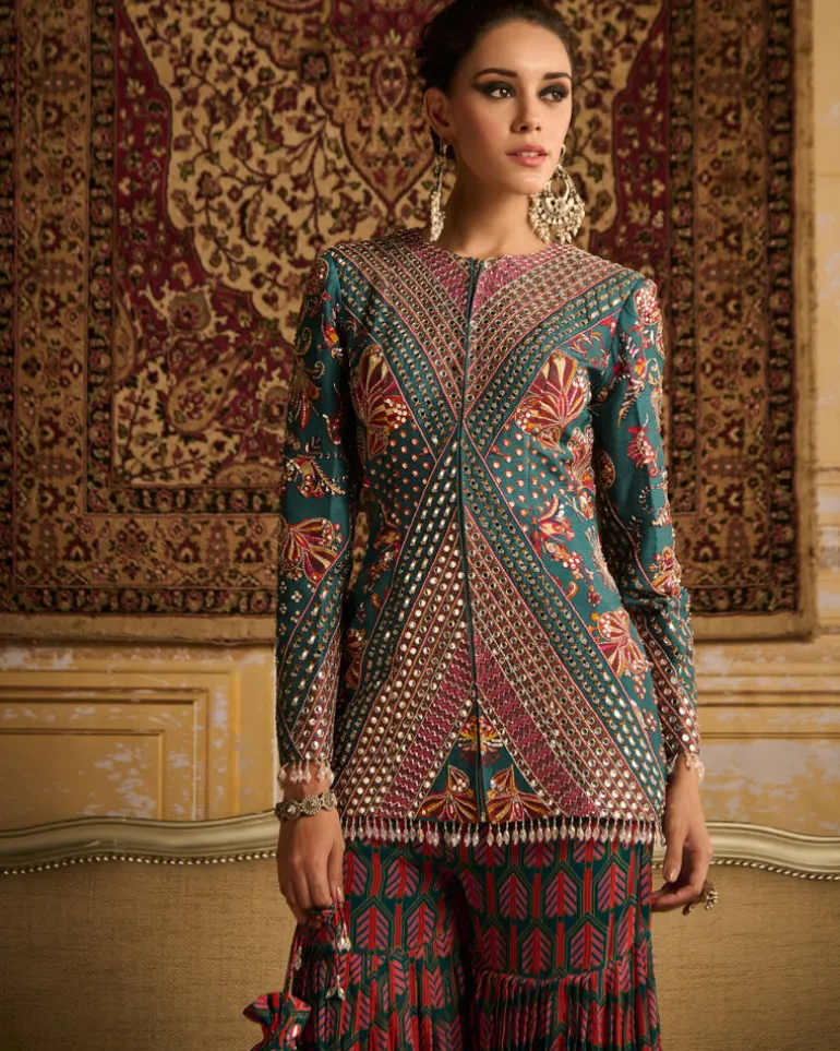 Teal Highlighted Jacket And Gharara Pants