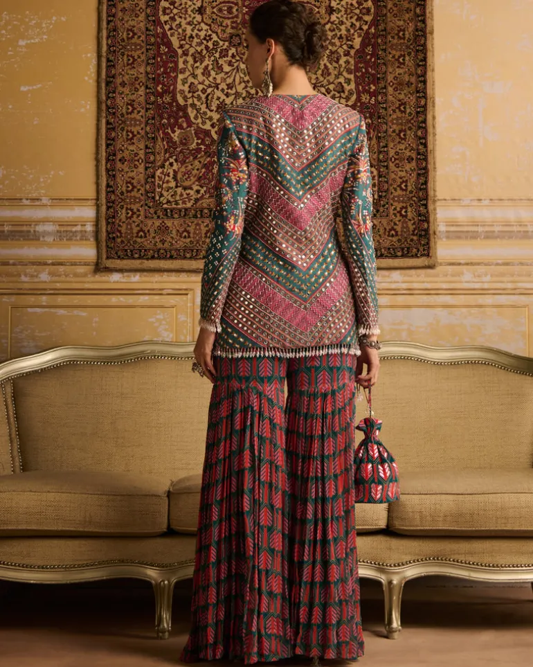 Teal Highlighted Jacket And Gharara Pants