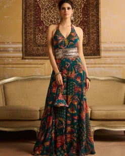 Teal Jumpsuit With Embroidered Belt