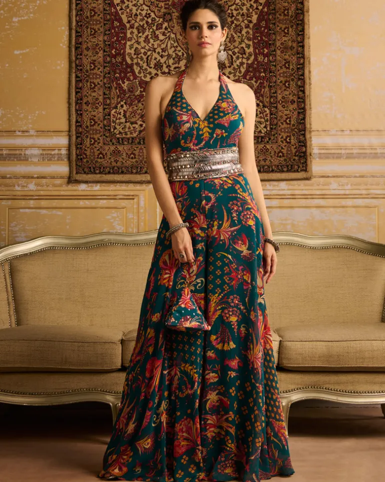 Teal Jumpsuit With Embroidered Belt