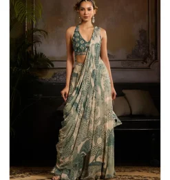 Teal Leaf Highlighted Skirt Sari Set