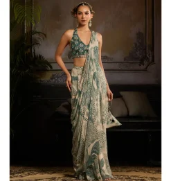 Teal Leaf Highlighted Skirt Sari Set