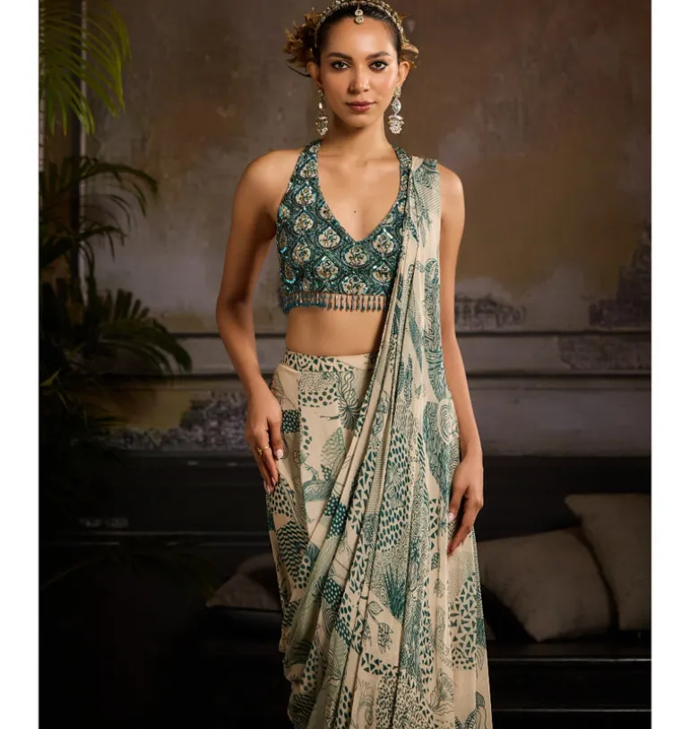Teal Leaf Highlighted Skirt Sari Set