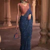Teal Stripe Print and Highlighted Sari Set