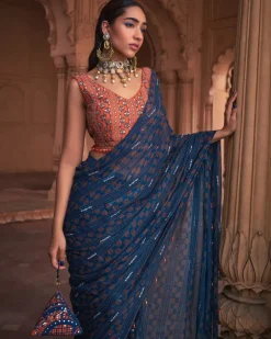 Teal Stripe Print and Highlighted Sari Set