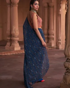 Teal Stripe Print and Highlighted Sari Set
