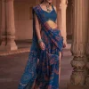 Teal Thikri Print and Embroidered Slit Skirt Sari Set