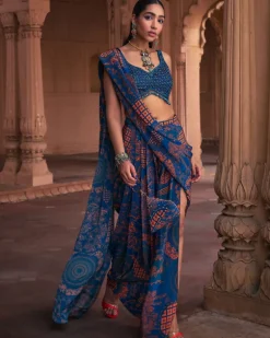 Teal Thikri Print and Embroidered Slit Skirt Sari Set