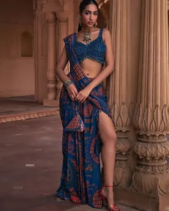Teal Thikri Print and Embroidered Slit Skirt Sari Set
