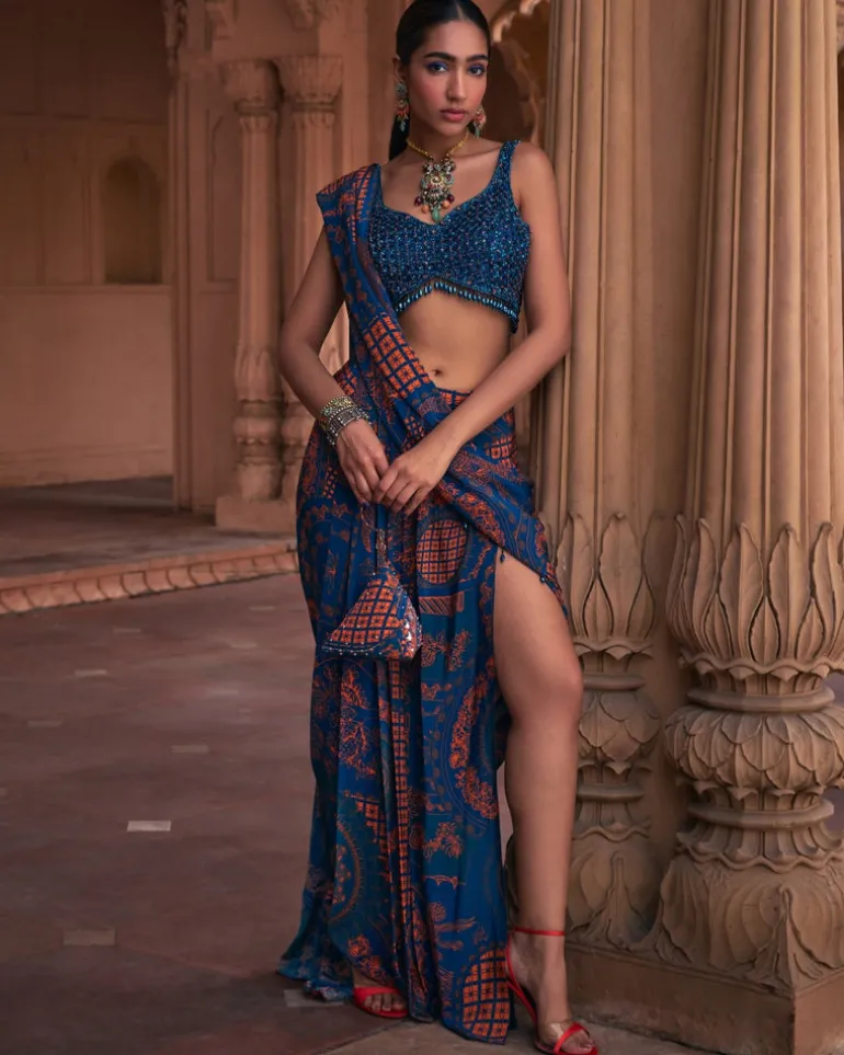 Teal Thikri Print and Embroidered Slit Skirt Sari Set