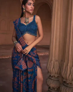 Teal Thikri Print and Embroidered Slit Skirt Sari Set