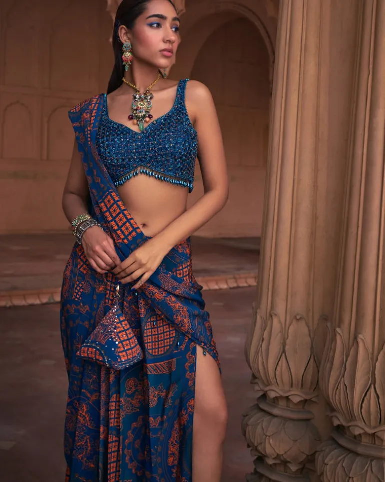Teal Thikri Print and Embroidered Slit Skirt Sari Set
