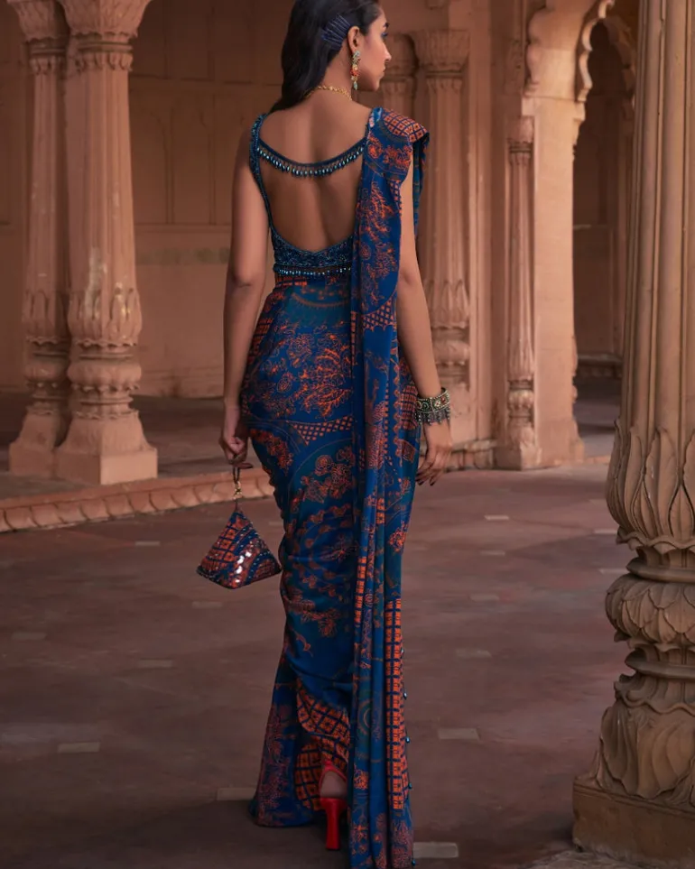 Teal Thikri Print and Embroidered Slit Skirt Sari Set
