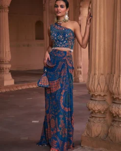 Teal Thikri Print And Highlighted Skirt Set