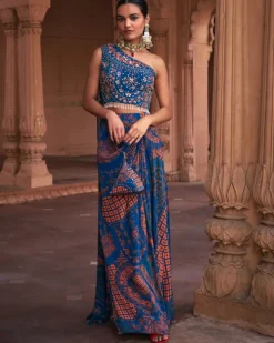 Teal Thikri Print And Highlighted Skirt Set