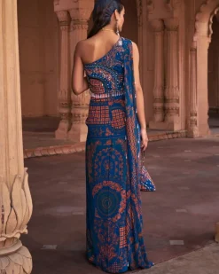 Teal Thikri Print And Highlighted Skirt Set