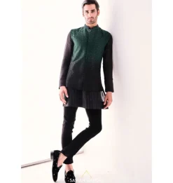 Teal To Black Ombre Nehru Jacket Set