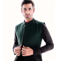 Teal To Black Ombre Nehru Jacket Set
