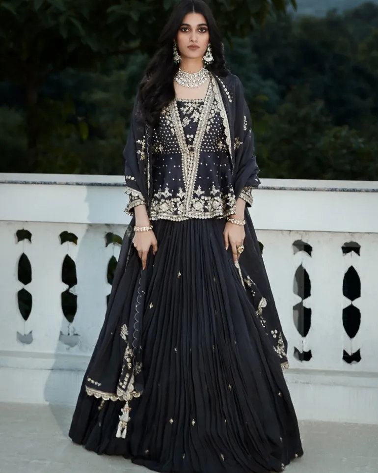 The British Grey Royal Matsya Peplum Lehenga Set