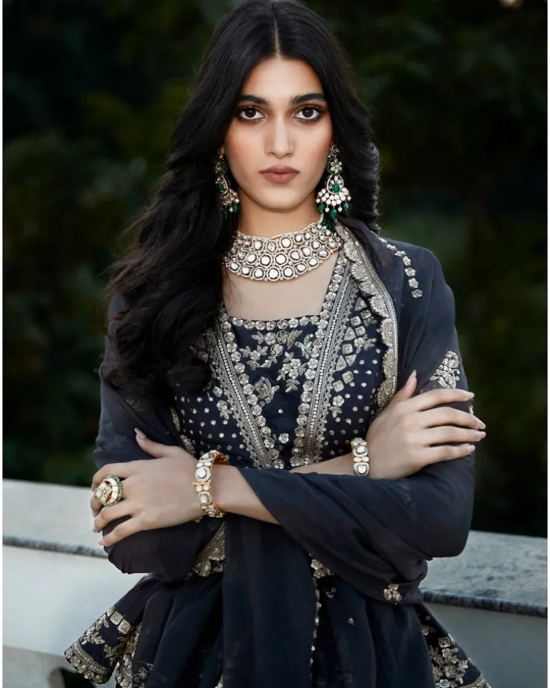 The British Grey Royal Matsya Peplum Lehenga Set