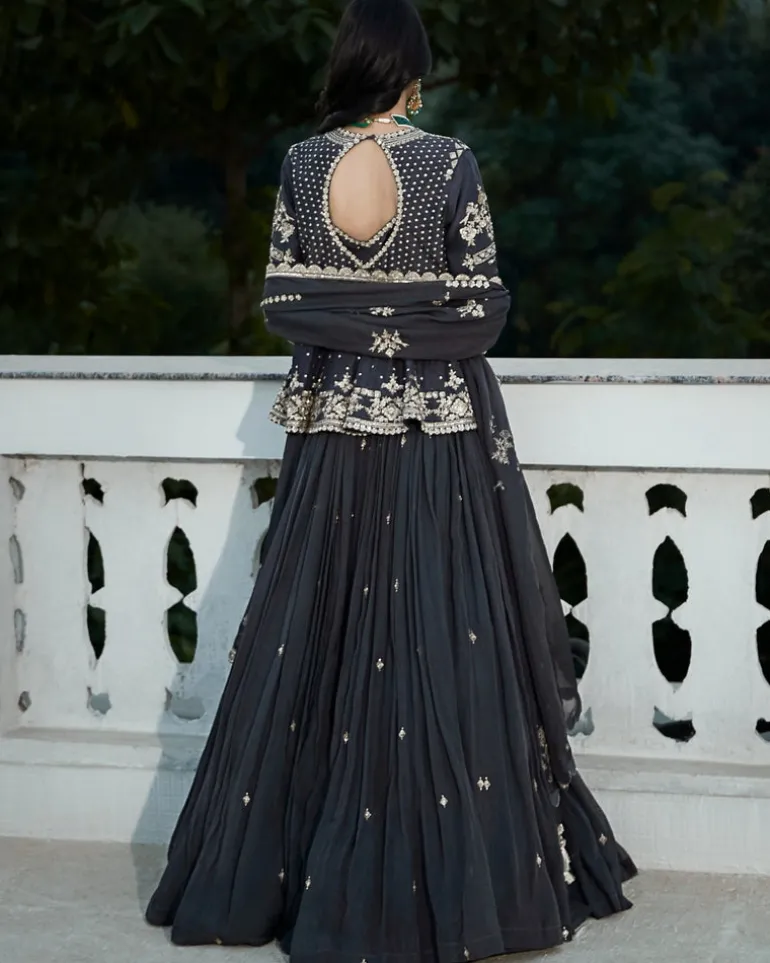 The British Grey Royal Matsya Peplum Lehenga Set