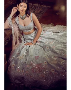 The Ice Blue Flamingo Landscape Lehenga Set