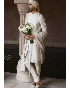 The Silver Needle Ekru Sherwani Set