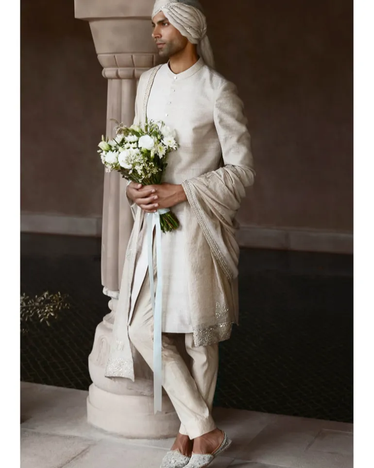 The Silver Needle Ekru Sherwani Set