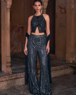 Tiana Black Full Embroidered Crop Top Pants Set