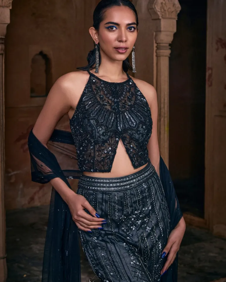 Tiana Black Full Embroidered Crop Top Pants Set