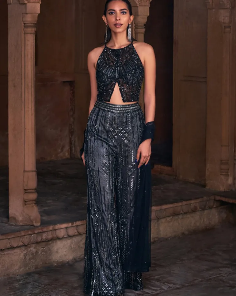 Tiana Black Full Embroidered Crop Top Pants Set