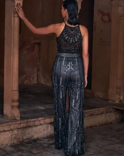 Tiana Black Full Embroidered Crop Top Pants Set